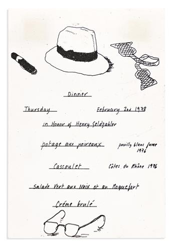 DAVID HOCKNEY (1937 - ) Reproduction of his Menu for Dinner in Honor of Henry Geldzahler Signed, with his holograph London address and